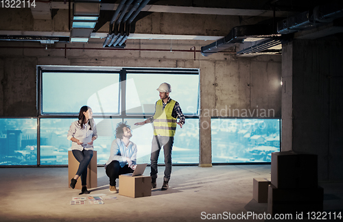 Image of business people in group, architect and engineer on construction