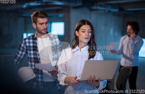 Image of business people in group, architect and engineer on construction