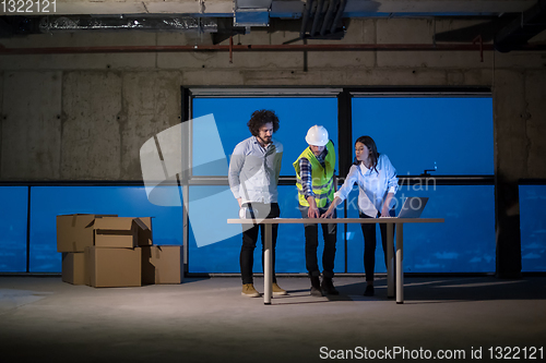 Image of business people in group, architect and engineer on construction