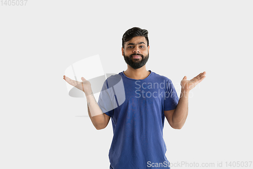 Image of Portrait of young man isolated on white studio background