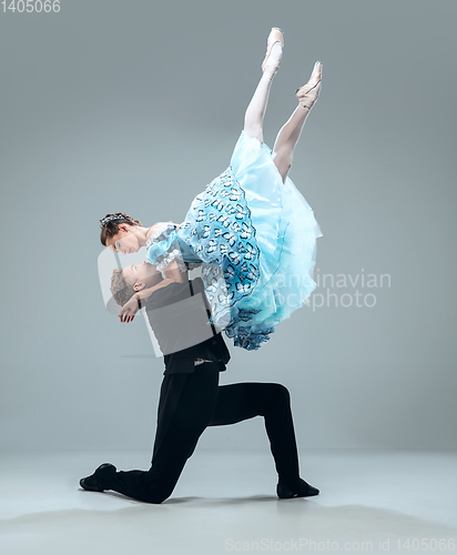 Image of Contemporary ballroom dancers on grey studio background