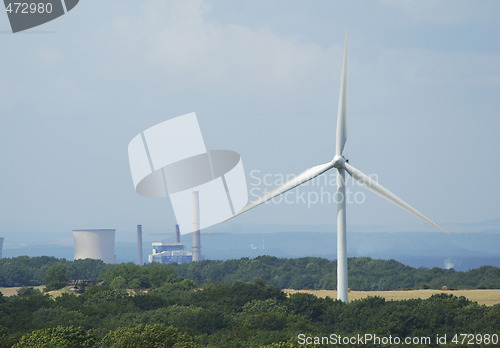 Image of windturbine with coal electricity powerplants factory
