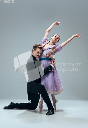 Image of Contemporary ballroom dancers on grey studio background