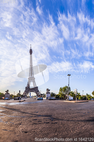 Image of The Eiffel Tower seen from Pont d\'Iena in Paris, France.