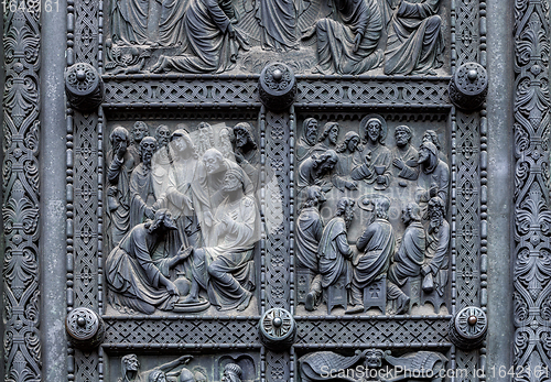 Image of Fragment of Bremen\'s Cathedral Metalic Door with religious decorations