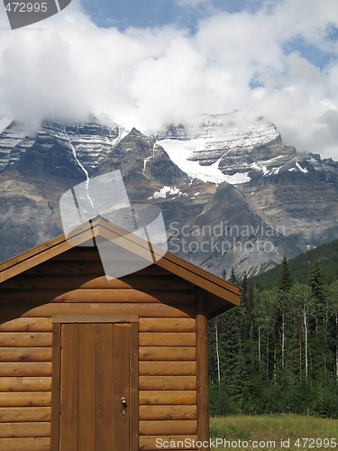Image of cottage at the foot of mountains