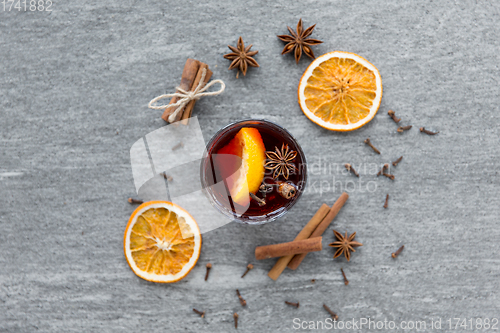 Image of hot mulled wine, orange slices, raisins and spices