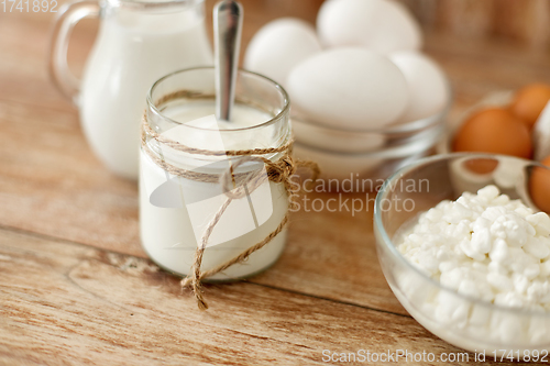 Image of cottage cheese, yogurt, milk and chicken eggs