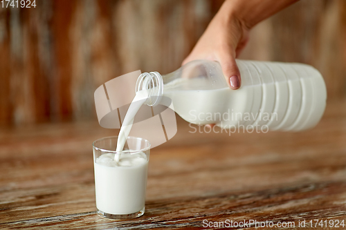 Image of female hand pouring milk from bottle to glass