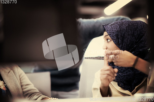 Image of black muslim female software developer at work