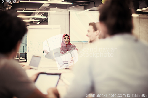 Image of Muslim businesswoman giving presentations at office