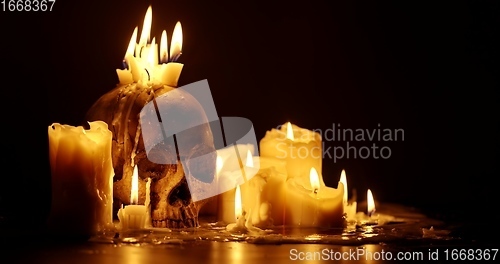 Image of Candles and human skull in darkness closeup footage