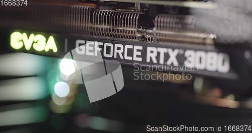 Image of BUDAPEST, HUNGARY - CIRCA 2020: EVGA gForce RTX 3080 graphics card, which features Ampere architecture and raytracing technology