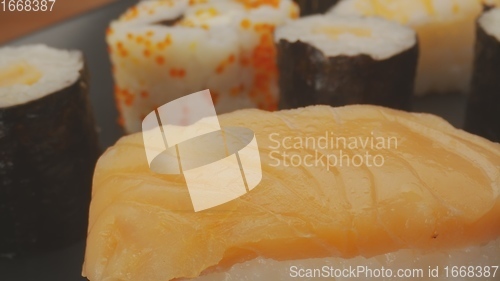 Image of Sushi on the plate with camera motion macro footage