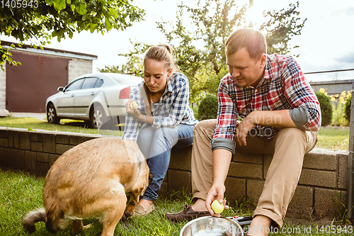 Image of Young and happy farmer\'s couple at their garden in sunny day