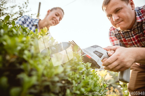 Image of Young and happy farmer\'s couple at their garden in sunny day