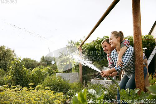 Image of Young and happy farmer\'s couple at their garden in sunny day