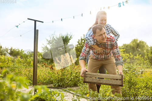 Image of Young and happy farmer\'s couple at their garden in sunny day