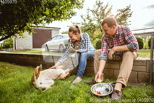 Image of Young and happy farmer\'s couple at their garden in sunny day