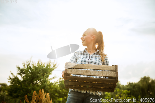 Image of Young farmer working at his garden in sunny day