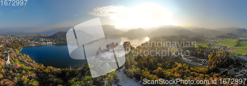 Image of Aerial panoramic view of Lake Bled and the castle of Bled, Slovenia, Europe. Aerial drone photography