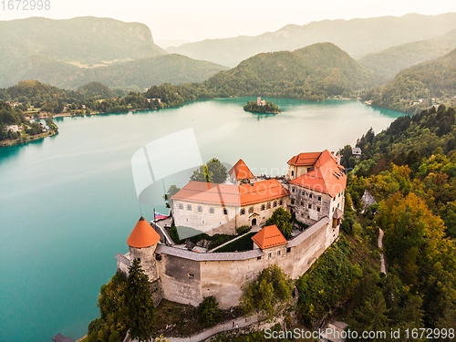 Image of Aerial panoramic view of Lake Bled and the castle of Bled, Slovenia, Europe. Aerial drone photography