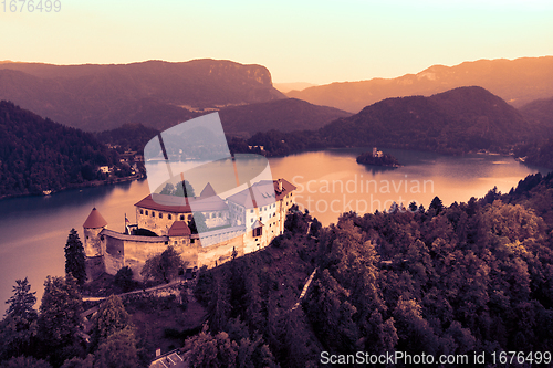 Image of Aerial view of Bled Castle overlooking Lake Bled in Slovenia, Europe