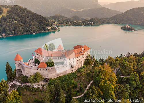 Image of Aerial panoramic view of Lake Bled and the castle of Bled, Slovenia, Europe. Aerial drone photography