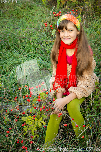 Image of Girl in autumn clothes with a rosehip bush in her hands on a background of green grass