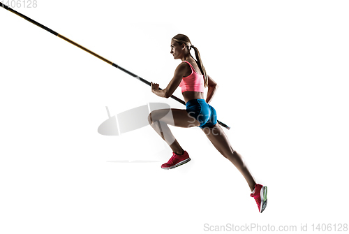 Image of Female pole vaulter training on white studio background