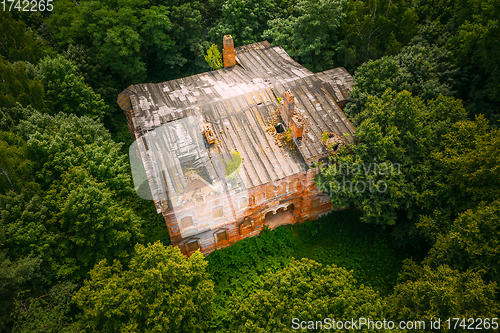 Image of Dziemjanki, Gomel Region, Belarus. Aerial View Of Abandoned Dilapidated Manor House Gerard Nicholas Chernobyl Resettlement Zone. Chornobyl Catastrophe Disasters. Local Landmark And Heritage