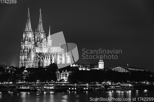 Image of Cologne, Germany. View Of Cologne Cathedral. Catholic Gothic Cathedral In Night. UNESCO World Heritage Site. Black And White Colors