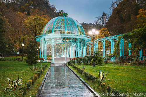 Image of Borjomi, Samtskhe-Javakheti, Georgia. Pavilion Above Hot Spring Of Borjomi Mineral Water. Famous Local Landmark Is City Park At Autumn October Evening. Borjomi, Samtskhe-Javakheti, Georgia. Pavilion 