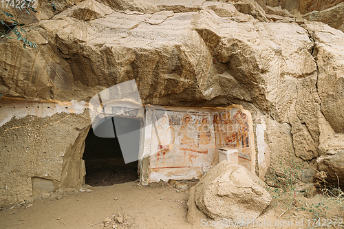 Image of Ancient Frescoes In Walls Of Caves Of David Gareja Monastery Complex. Davit Gareji Monastery Is Located Is Southeast Of Tbilisi, In Historical Region Sagarejo. It Was Founded In 6th Century