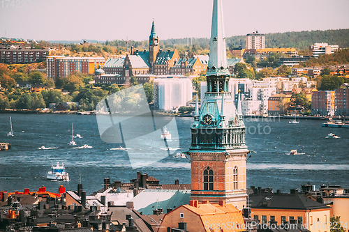 Image of Stockholm, Sweden. Scenic View Of Skyline At Summer Day. Elevated View Of German St Gertrude\'s Church. Famous Popular Destination