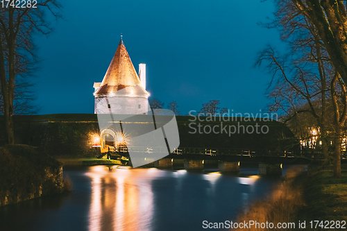 Image of Kuressaare, Saaremaa Island, Estonia. Episcopal Castle In Evening Blue Hour Night. Traditional Medieval Architecture, Famous Attraction Landmark. Old Tower