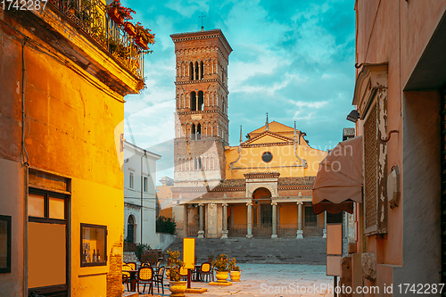 Image of Terracina, Italy. Tower Of Cathedral Of San Cesareo In Night Time. It Built On Podium Of Temple Of Roma And Augustus