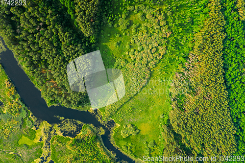 Image of Aerial View Of Summer River Landscape In Sunny Summer Day. Top View Of Beautiful European Nature From High Attitude In Summer Season.