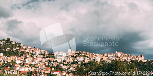 Image of Monte San Biagio, Italy. Top View Of Residential Area. Cityscape In Autumn Day Under Blue Cloudy Sky