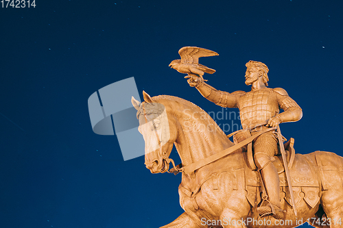 Image of Vitebsk, Belarus. Monument To Algirdas With Falcon In Hand On Background Starry Sky