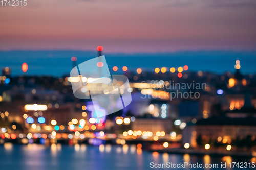 Image of Stockholm, Sweden. Night Skyline Abstract Boke Bokeh Background. Design Backdrop. Klara Church In Night Lighting