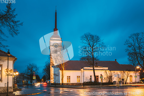 Image of Kuressaare, Estonia. Kuressaare St. Lawrence Church In Blue Hour Evening Night. Street.