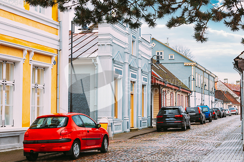 Image of Kuressaare, Estonia. Famous Old Buildings Houses In Kauba Street. Altered Sky