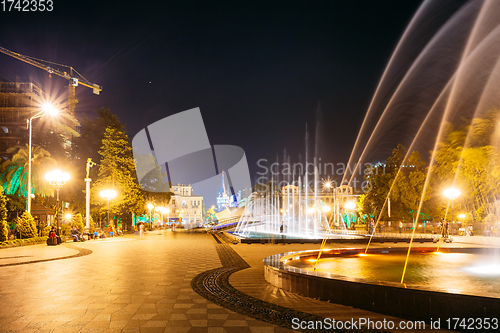 Image of Batumi, Adjara, Georgia. Singing And Dancing Fountains Is Local Landmark At Boulevard Fountains. Night Illuminations