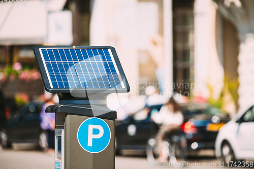 Image of Stockholm, Sweden. Parking Machine Equipped With A Solar Battery For Recharging From Solar Energy Light. Electronic Payment That Issues A Permit To Parking Car.