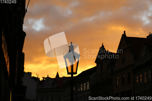 Image of Traditional street lamp and architecture of Prague in the evenin