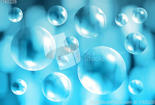 Image of Abstract blue background with transparent 3d bubbles