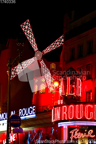 Image of View of the Moulin Rouge (Red Mill) at night in Paris, France