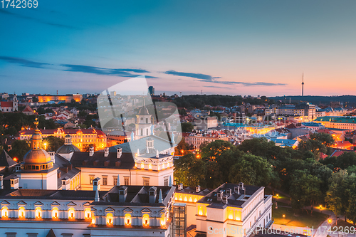 Image of Vilnius, Lithuania, Eastern Europe. Aerial View Of Historic Center Cityscape In Blue Hour After Sunset. Travel View Of Old Town In Night Illuminations. UNESCO. Palace Of The Grand Dukes Of Lithuania.
