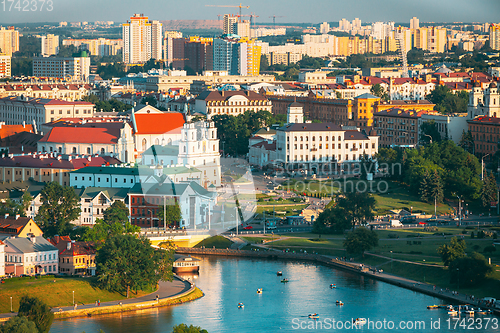 Image of Minsk, Belarus. Cityscape of Minsk, Belarus. Summer season, sunset time. Nemiga district